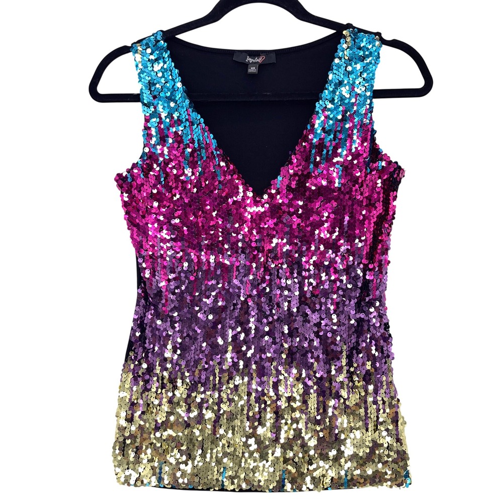Rainbow Multicolor Sequin Ombre V-Neck Tank Top XS Sleeveless Sparkly Glam